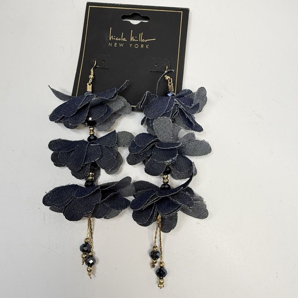 Nicole Miller Navy Denim Fabric Triple Flower Gold Beaded Dangle Earrings New